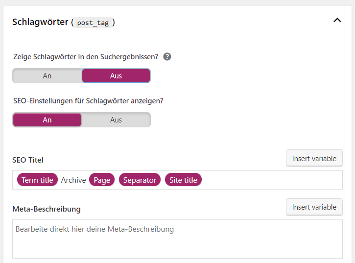 Schlagwörter Steuern in Yoast SEO für WordPress