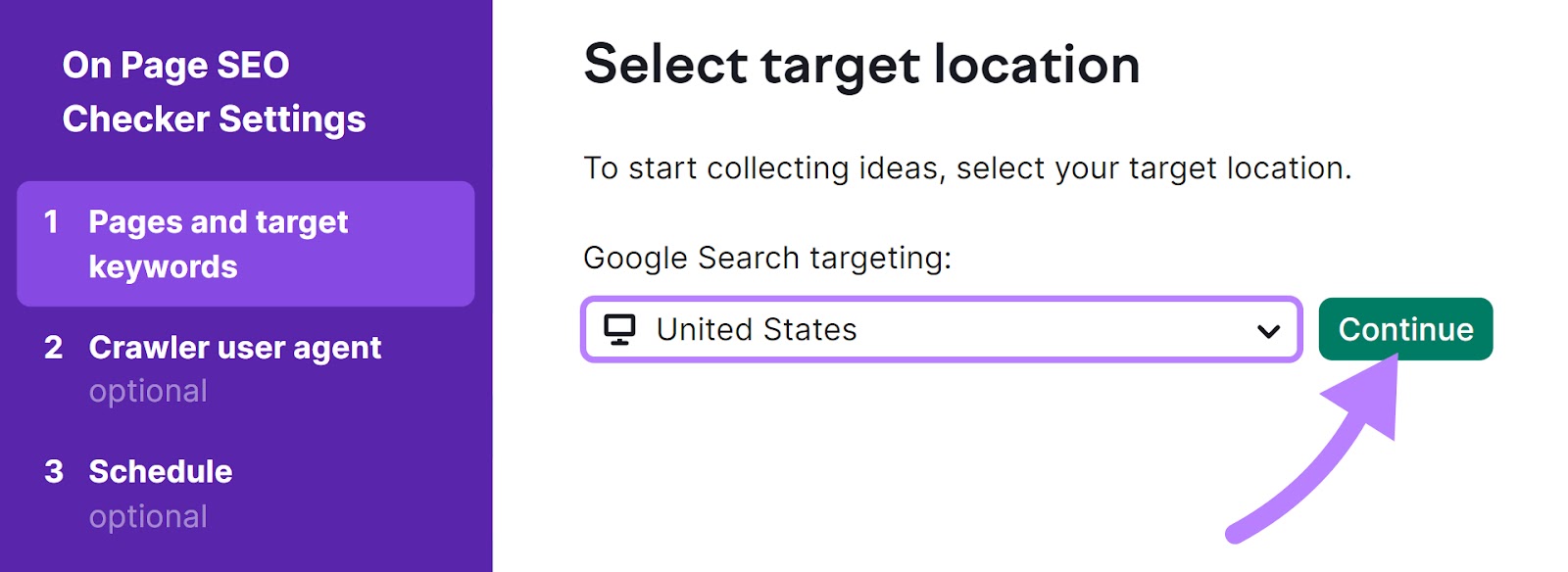 "United States" location selected in On Page SEO Checker