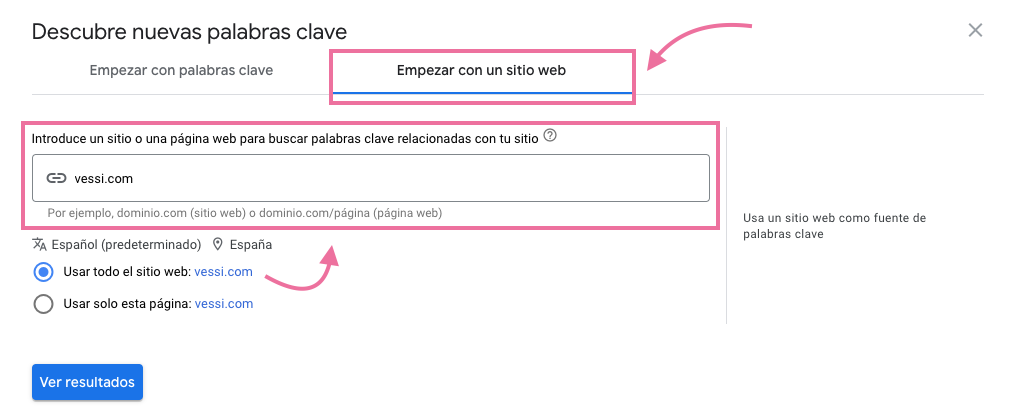 Haz clic en la pestaña "Empezar con un sitio web". A continuación, introduce el dominio de uno de tus competidores.