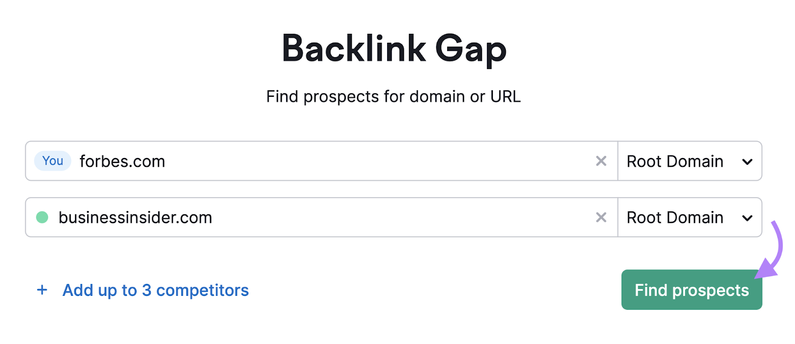 "forbes.com," and "businessinsider.com" entered into the Backlink Gap tool.search bar