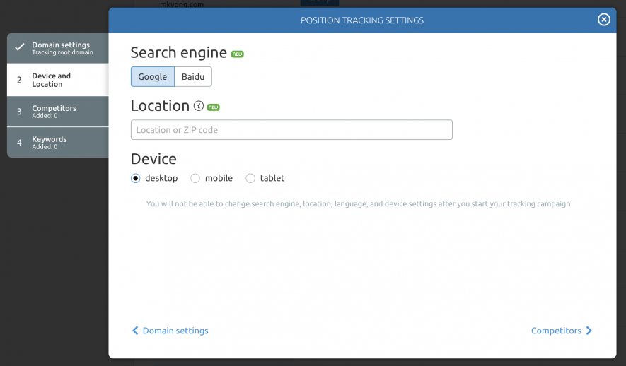 Choisir l’appareil et la zone géographique dans Position Tracking de SEMrush