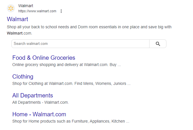 Resultado de Walmart en las SERP de Google