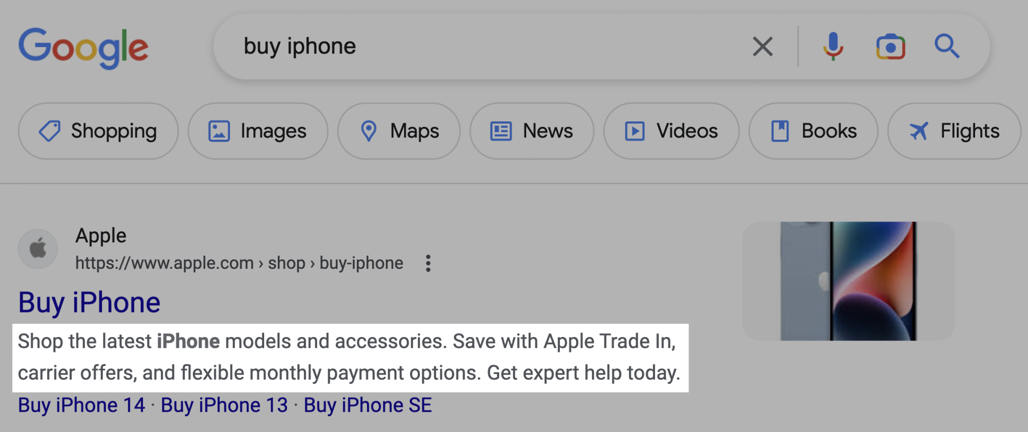 Search engine results page for buy iphone, highlighting the meta description