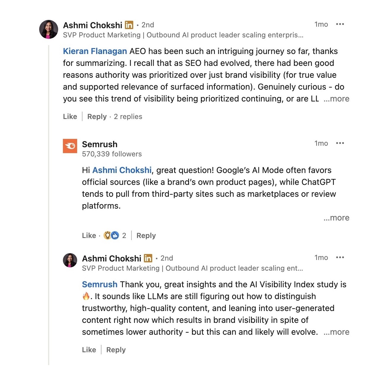 Semrush engaging a user in the comments section of a LinkedIn post by responding to their question.