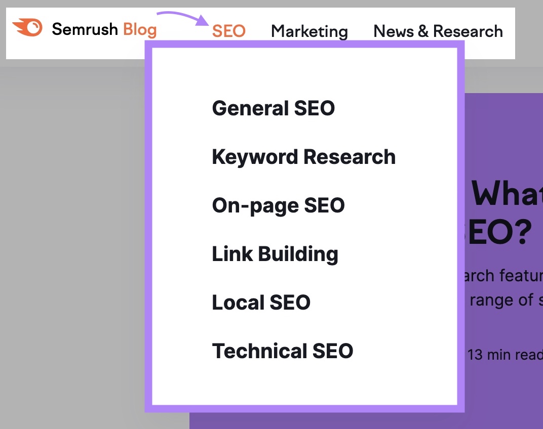 Best Practices for SEO Site Structures 29 categories and subcategories on Semrush's blog with "SEO" clicked showing subcategories like keyword research, on-page SEO etc.