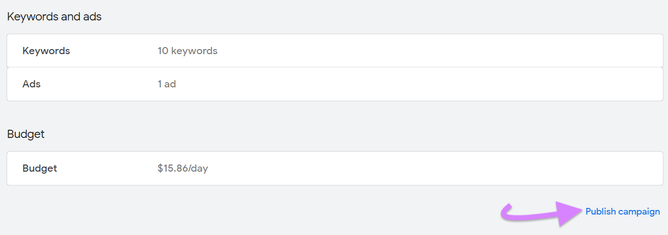 “Publish campaign” button in Google Ads