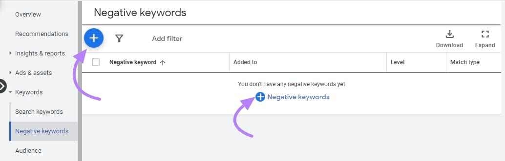 where to create negative keyword lists outside of the search terms report