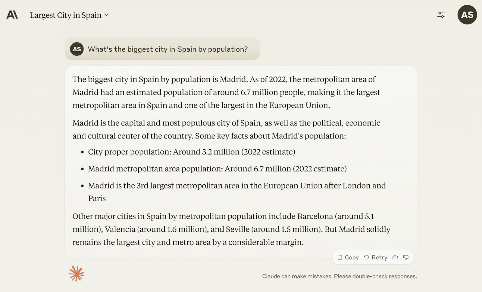 Claude chatbot response to the question 'What is biggest city in Spain by population?'