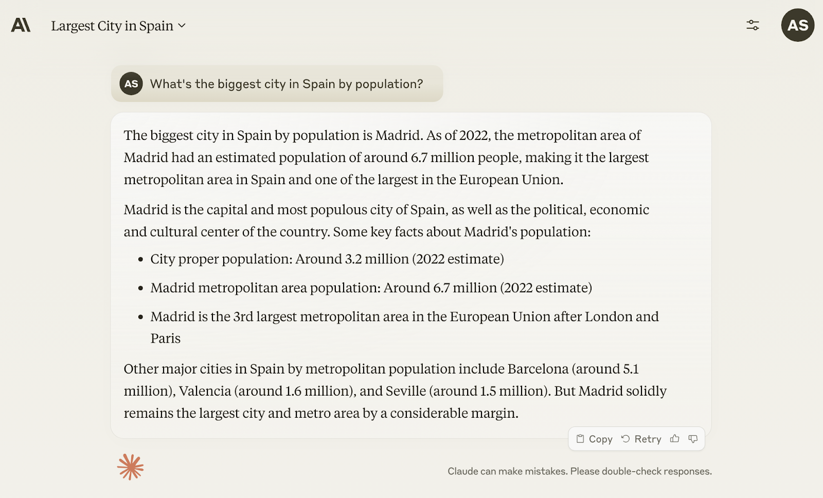 Claude chatbot effect   to the question   'What is biggest metropolis  successful  Spain by population?'