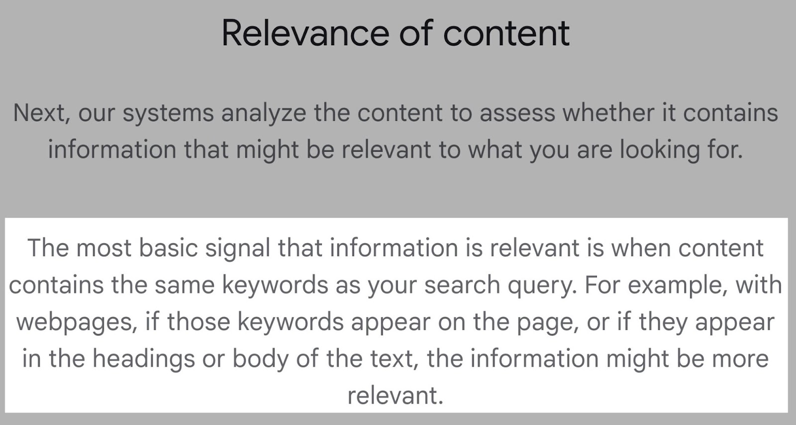 "Relevance of content" section of Google’s ranking factors