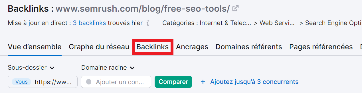 Onglet Backlinks d'Analyse de backlinks