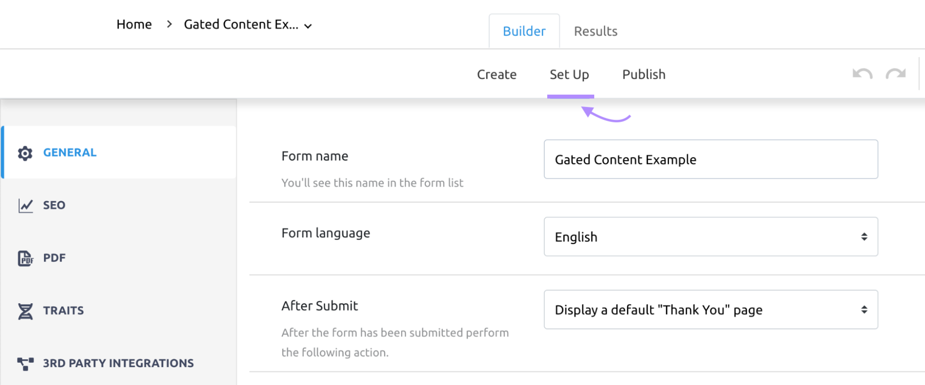 “Set Up” tab in Lead Generation Forms app