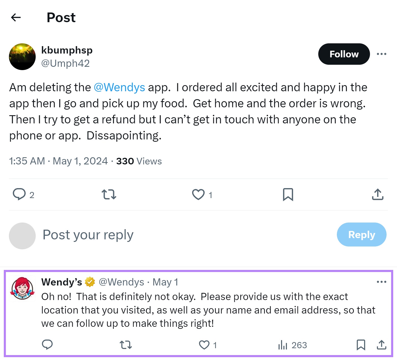 "Wendy's" X account replying to a customer's tweet about deleting their app.
