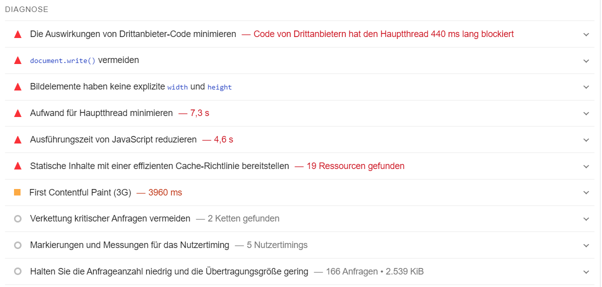 Screenshot: Beanstandungen von PageSpeed Insights