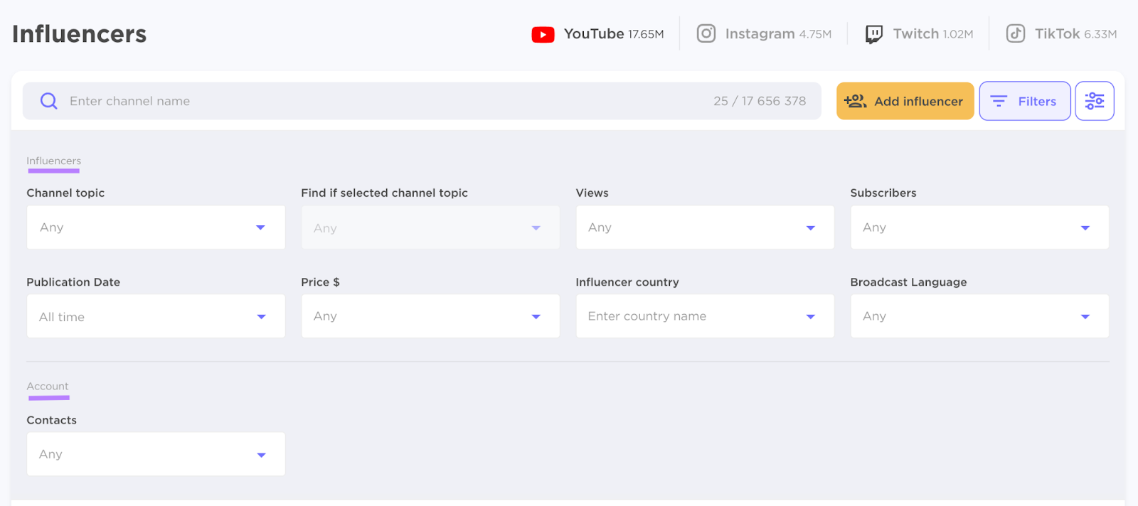 Influencer filtering of YouTube influencers using Semrush's Influencer Analytics tool