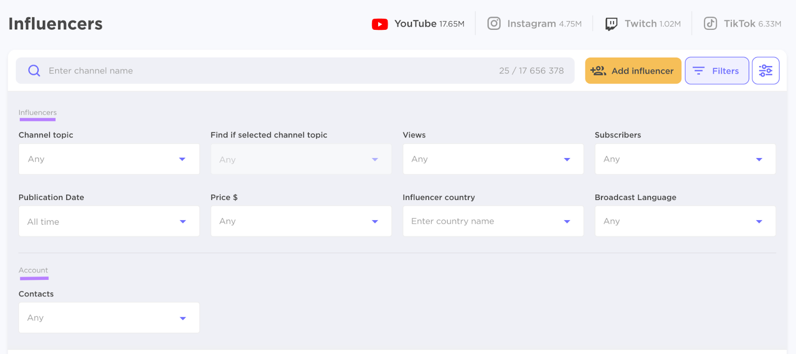 Influencer filtering of YouTube influencers utilizing Semrush's Influencer Analytics tool