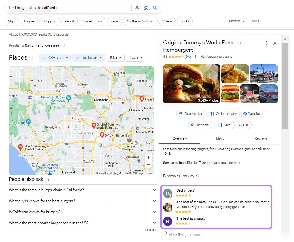 Original Tommy’s World Famous Hamburgers appears at the top of search results for "best burger place in california"
