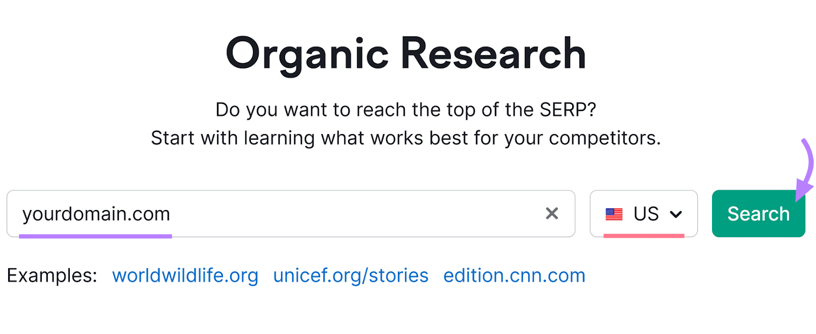 Semrush's Organic Research tool interface with a search bar where "yourdomain.com" is typed and a search ،on highlighted in purple.