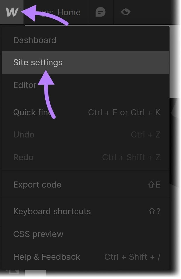 “Site Settings” selected in the Webflow menu