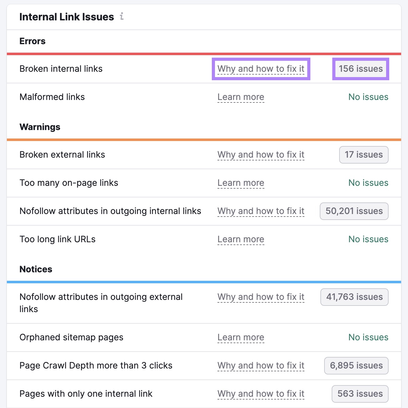 Internal Link Issues on Site Audit showing a list of errors, warnings, and notices with the issues next to "Broken internal links" highlighted