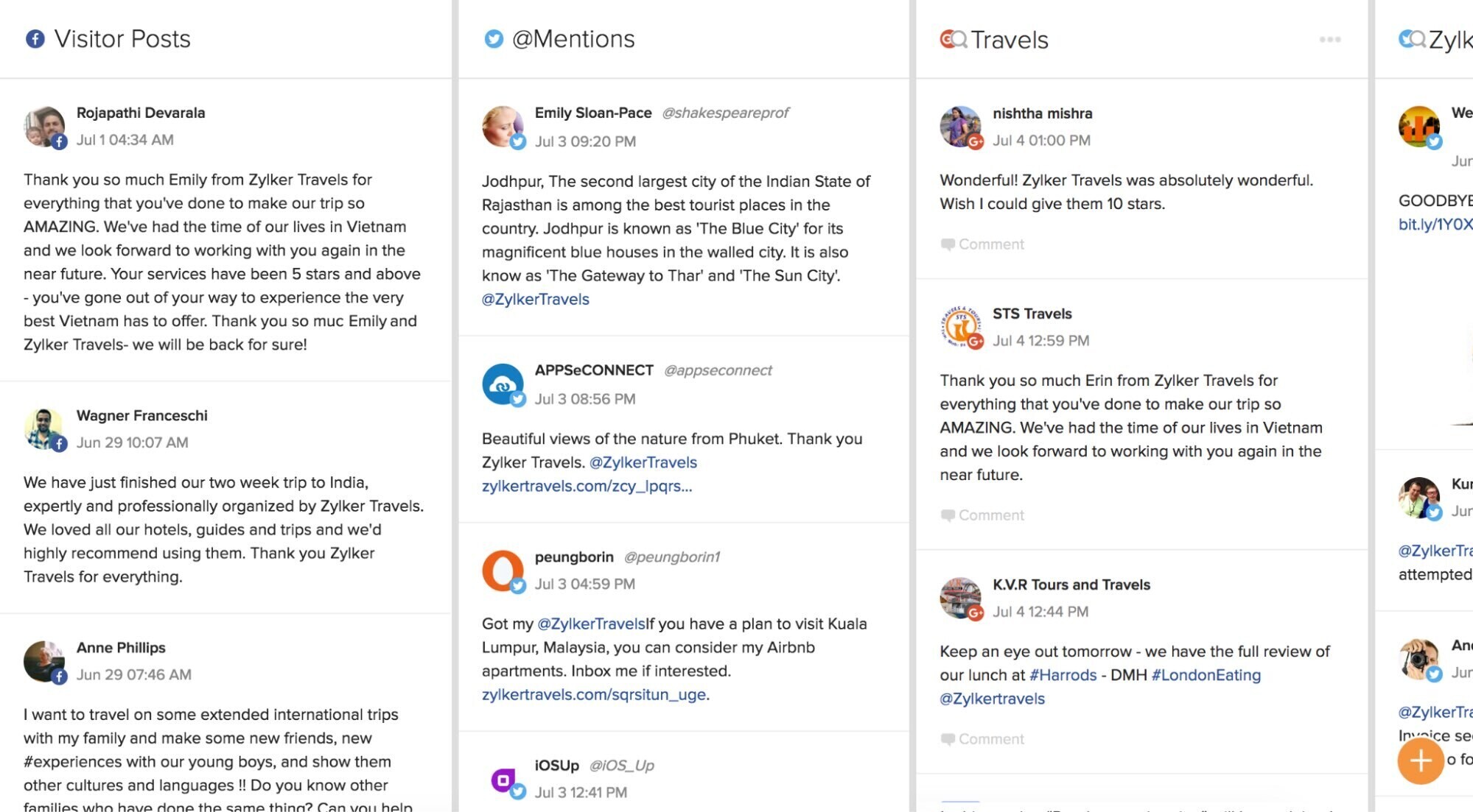 Zoho Social displays customer engagement from different social media platforms, including Facebook, Twitter, and Google+