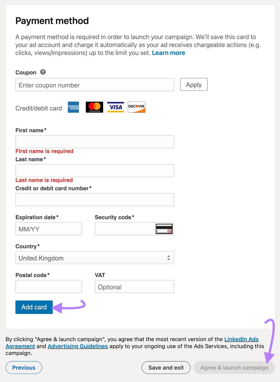 Payment screen with coupon option and card details options