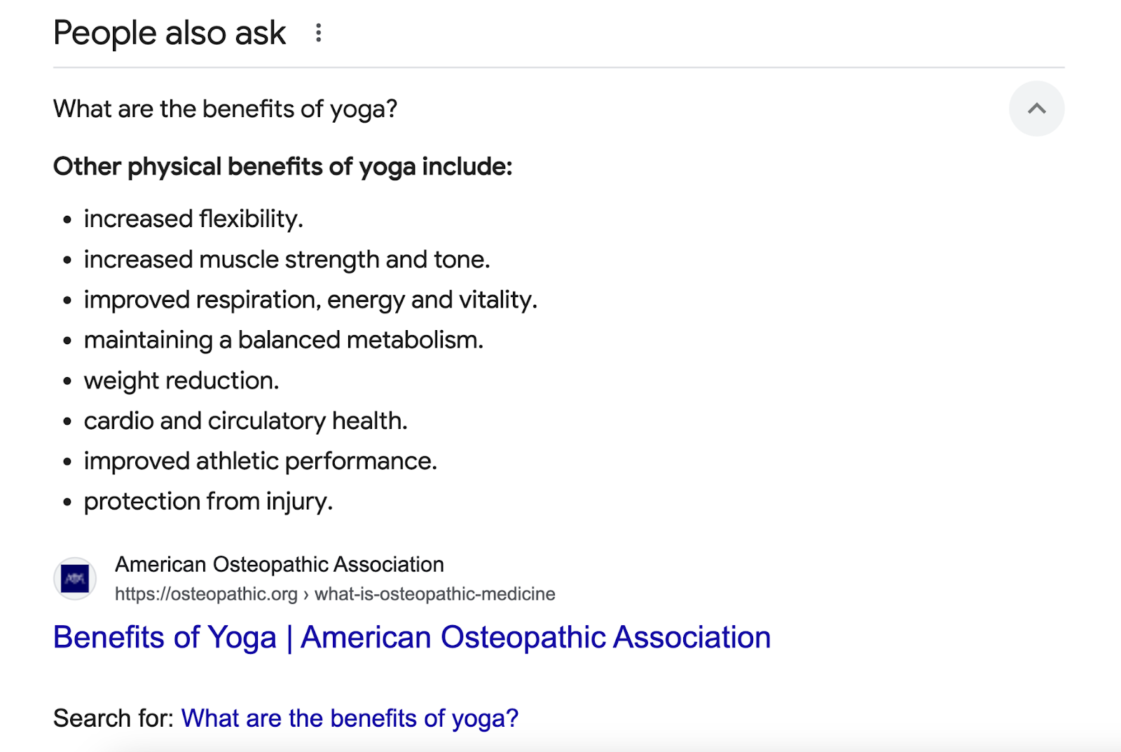 bulleted list answers say, "increased flexibility, increased muscle strength and tone, cardio and circulatory health" and more