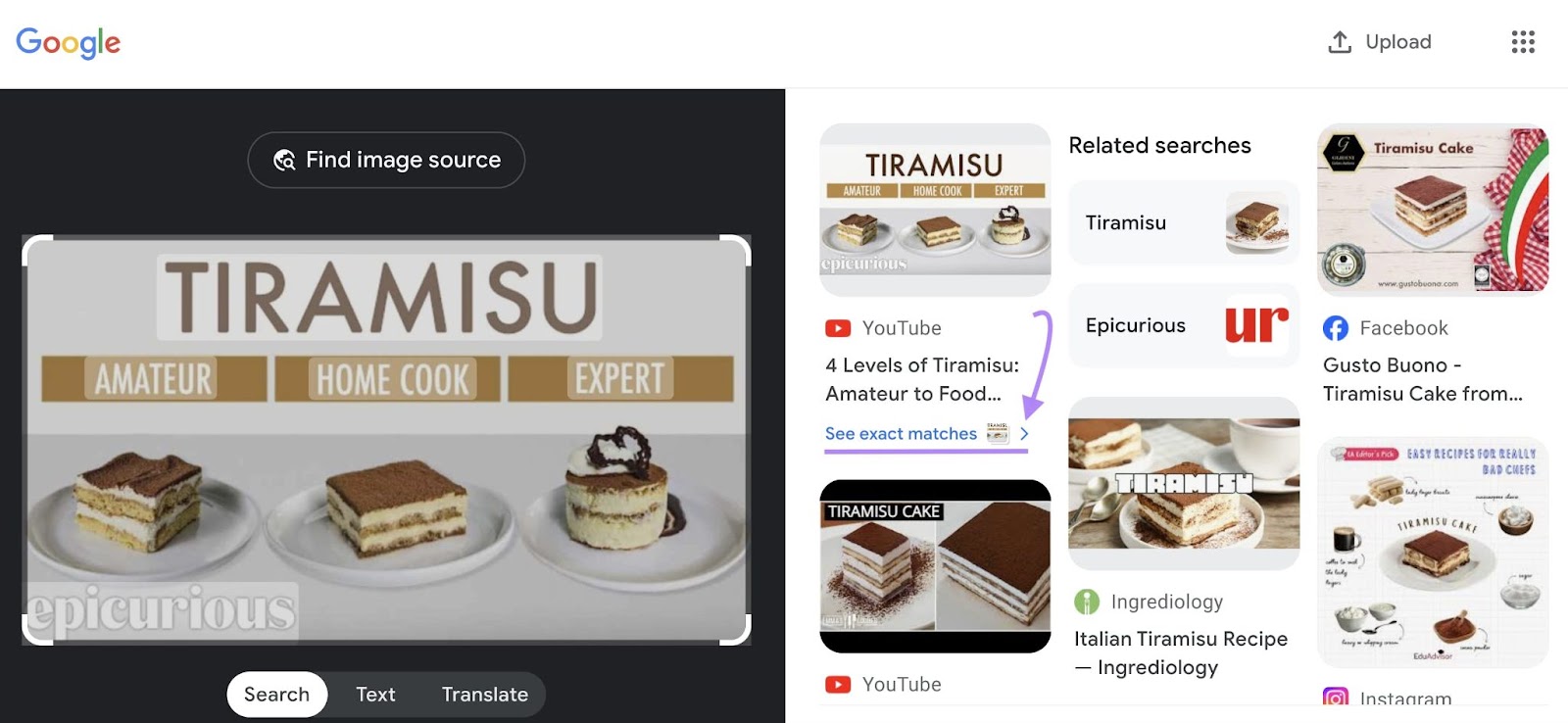 Google images video search for Tiramisu Epicurious video with 'see exact matches' highlighted