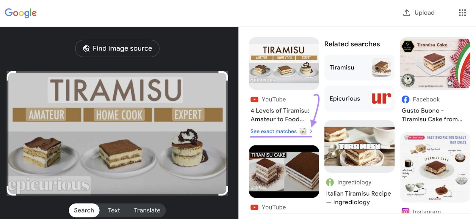 Google images video hunt  for Tiramisu Epicurious video with 'see nonstop   matches' highlighted