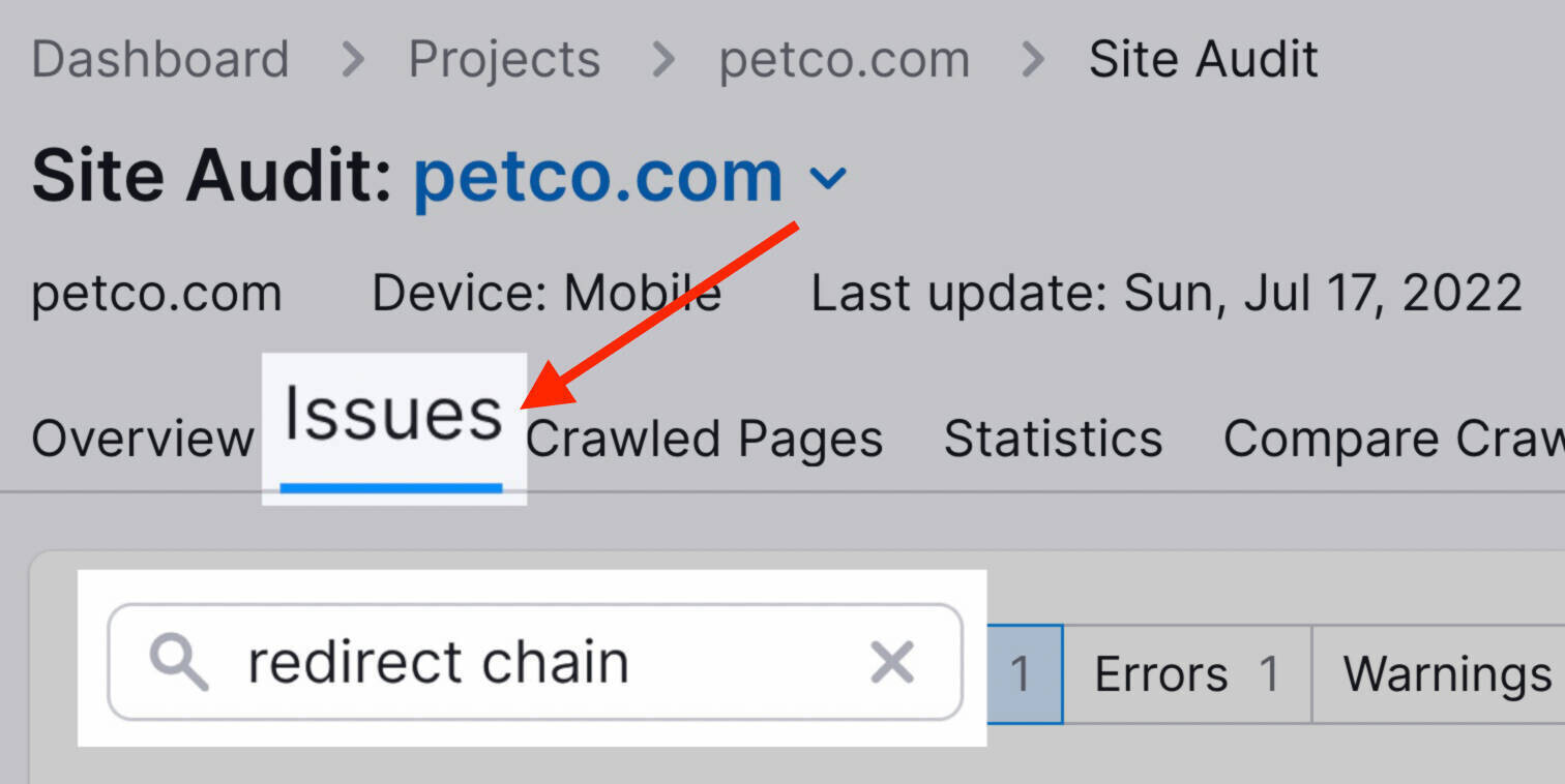 search for “redirect chain” in Site Audit tool