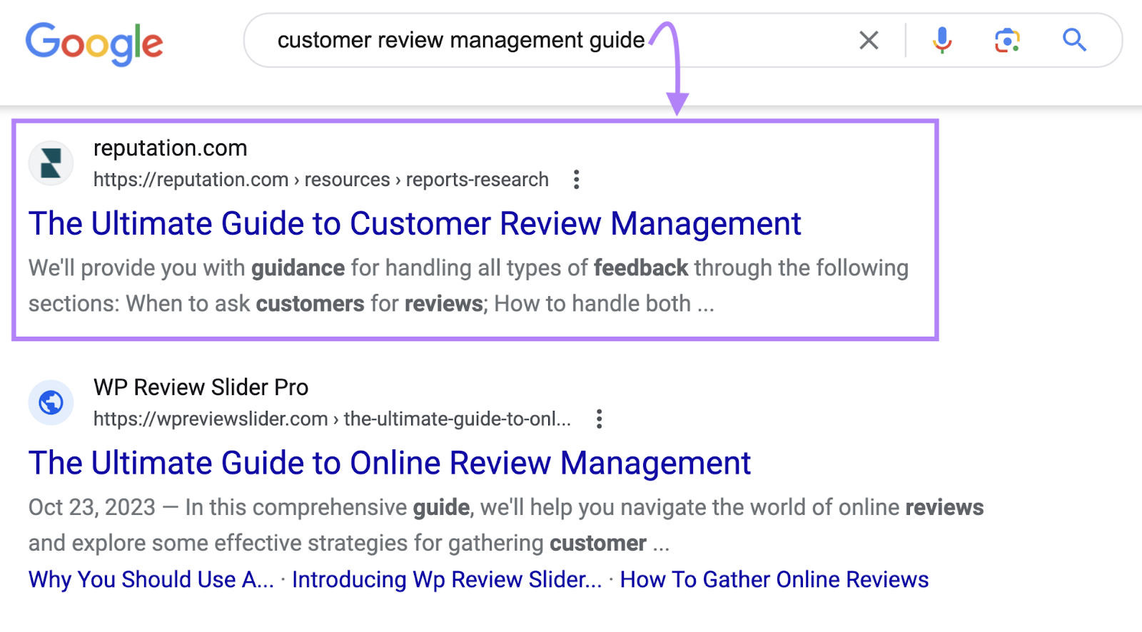 "The Ultimate Guide to Customer Review Management" result highlighted on Google SERP