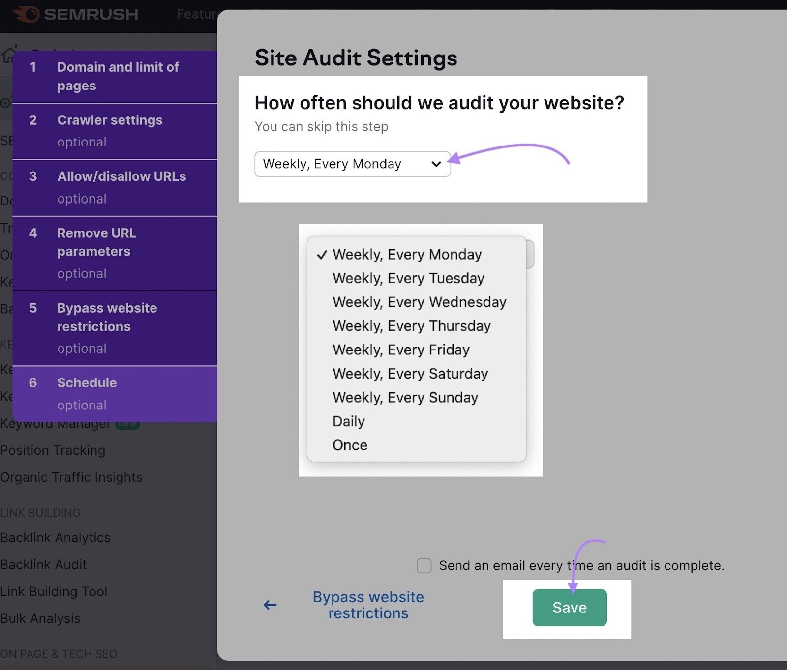"How often should we audit your website?" section in Site Audit settings