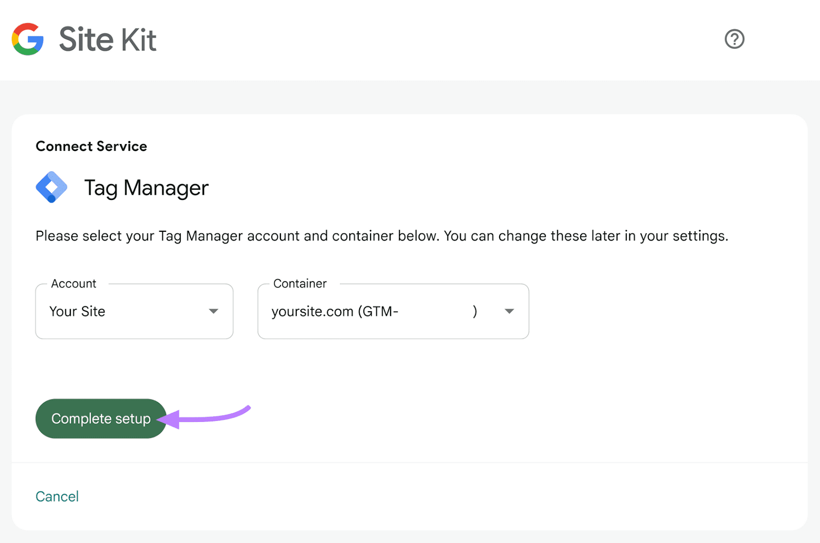 "Complete setup" button highlighted in Site Kit window