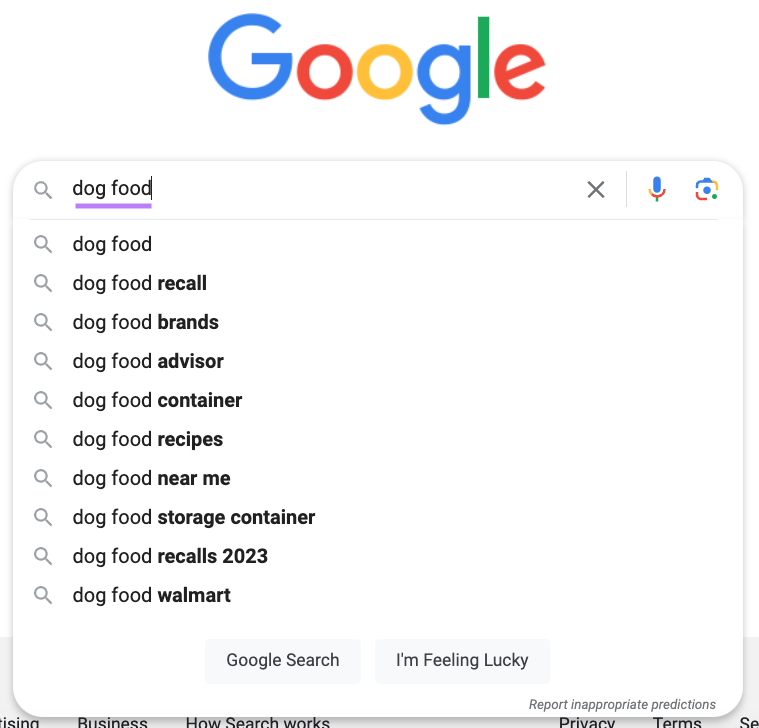 Google autocomplete suggestions when typing " food" into the search box