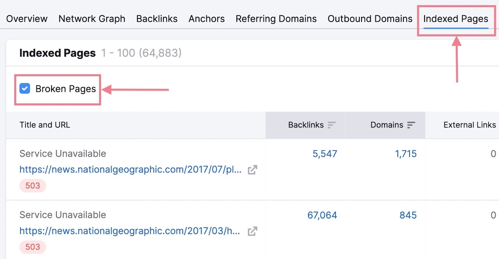 backlink analytics showing indexed and breached  pages