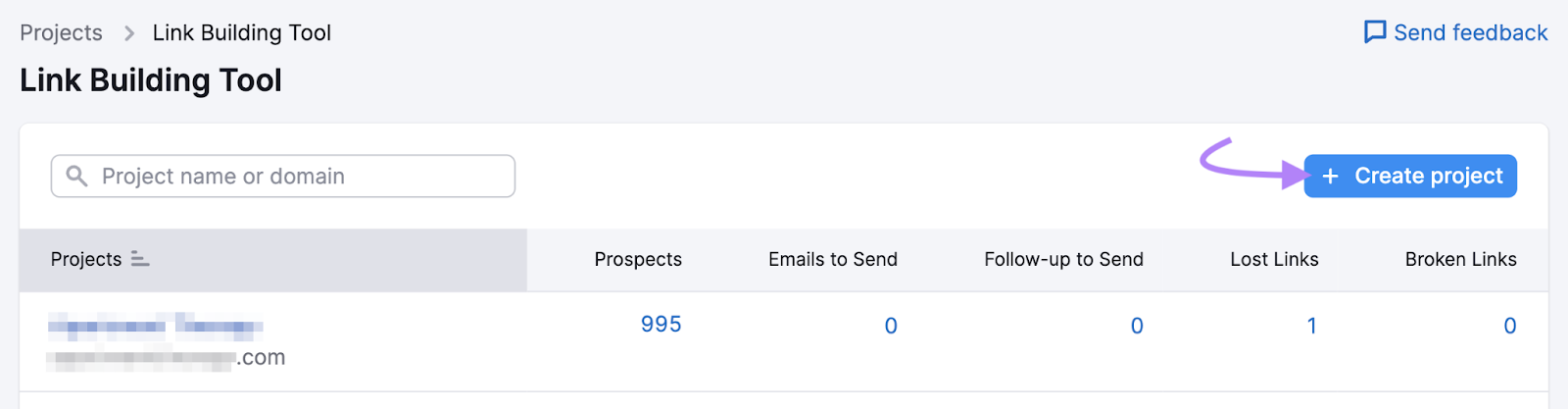 “+ Create project" button in Link Building Tool
