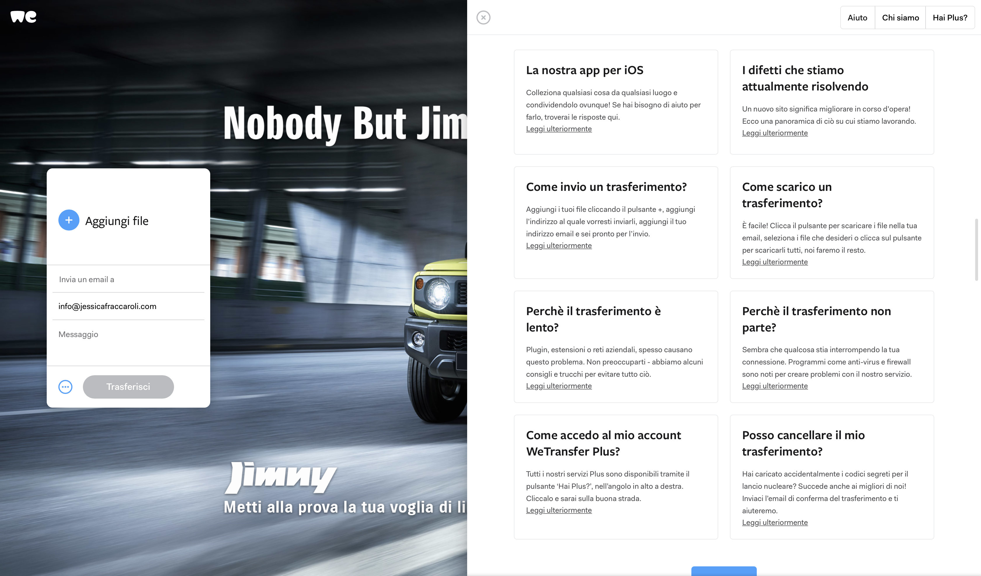 Sezione FAQ di WeTransfer