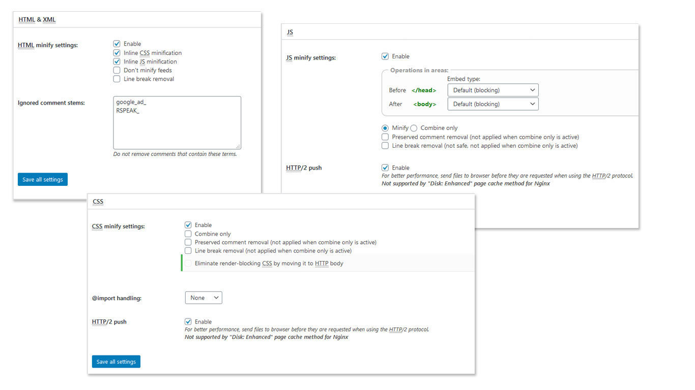 W3 Total Cache, panel CSS e JS