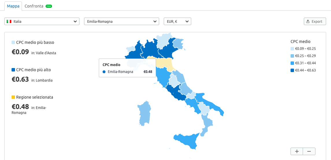 CPC map per vedere i costi ppc nelle regioni d'Italia