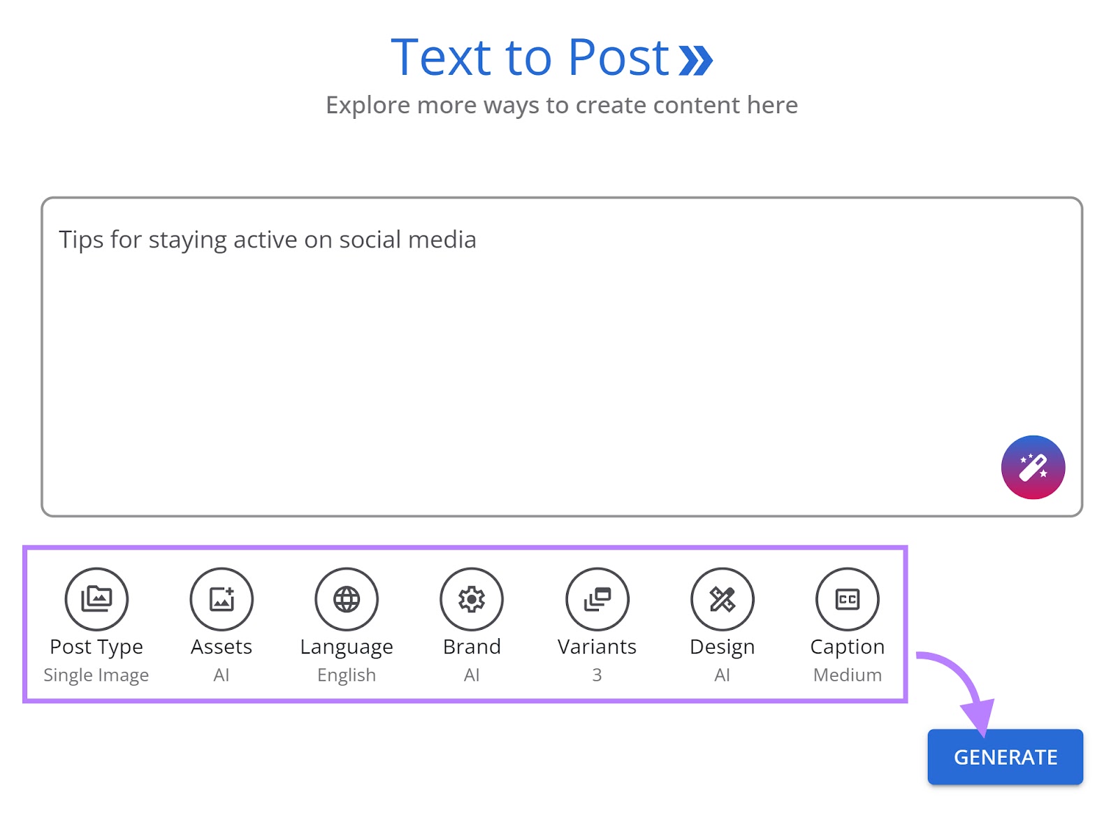 AI Social Content Generator tool "Text to post" section with the "Generate" button highlighted.