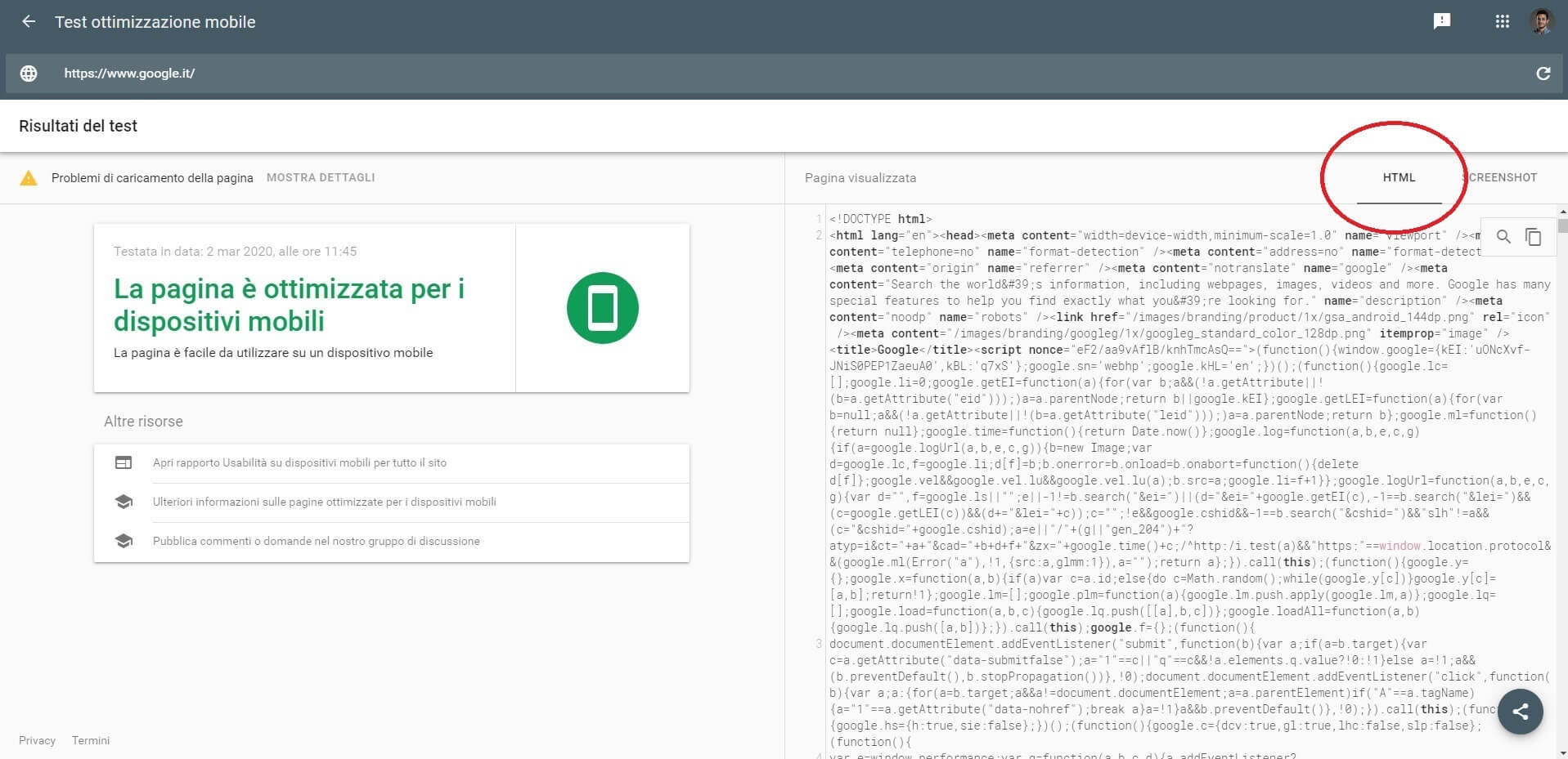 Come vede google il tuo html (Test mobile di google)