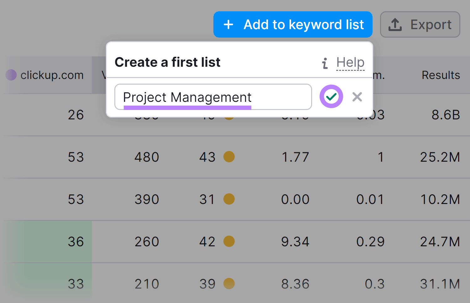 “Project Management" entered under keyword list name