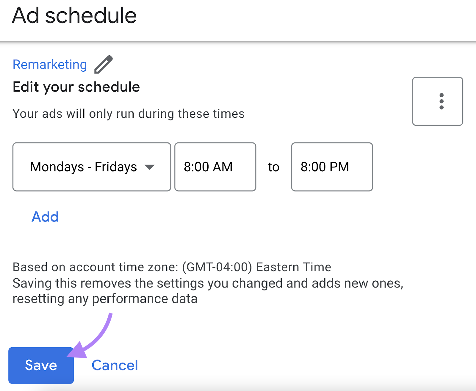 choose specific days and time in the "Ad schedule" page