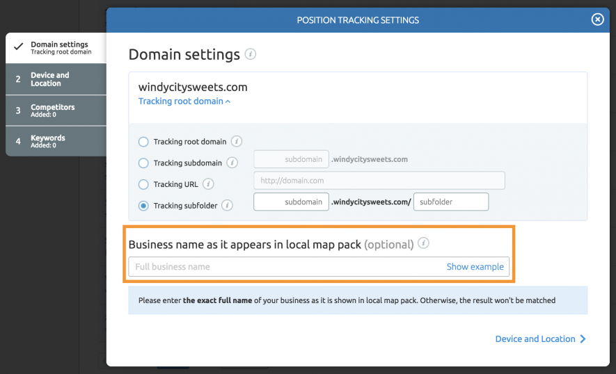 Nome dell'attività nella configurazione di Position tracking