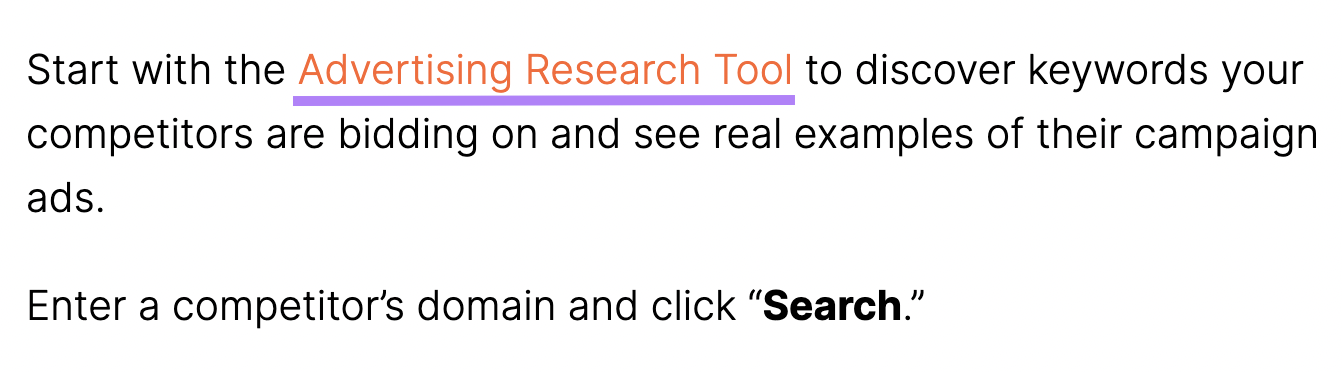 Section of a blog post with a link with anchor text of "Advertising Research Tool."