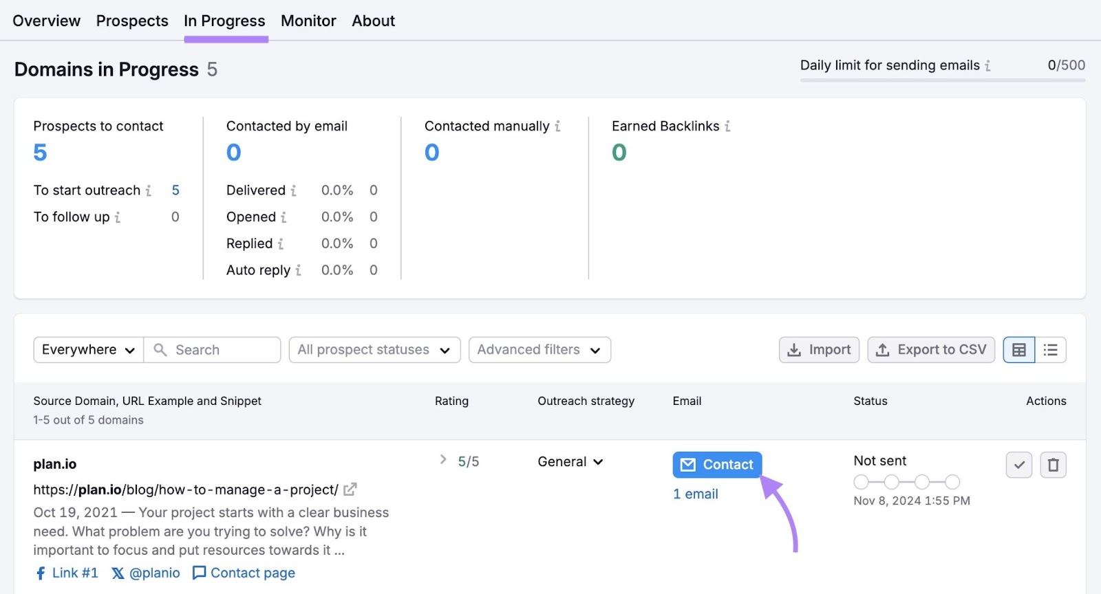 "In Progress" tab connected  the Link Building Tool with "Contact" adjacent  to a imaginable    clicked.