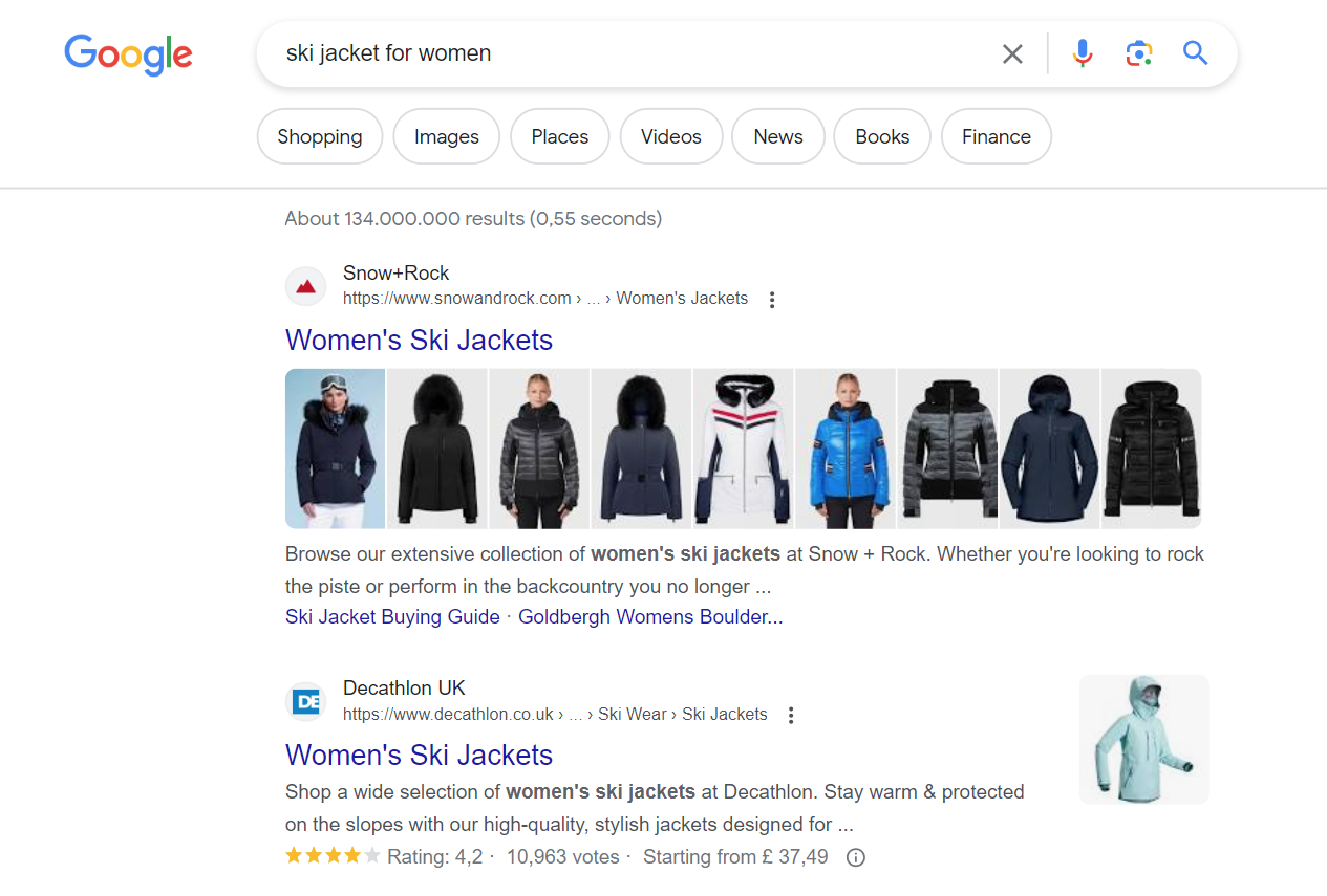 Snow+Rock and Decathlon rank first and second on Google SERP for “ski jackets for women" query