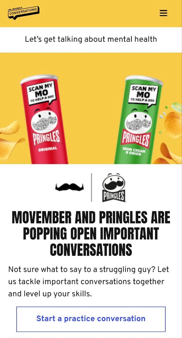 Pringles’ mobile landing page showcasing the mental health campaign with Movember