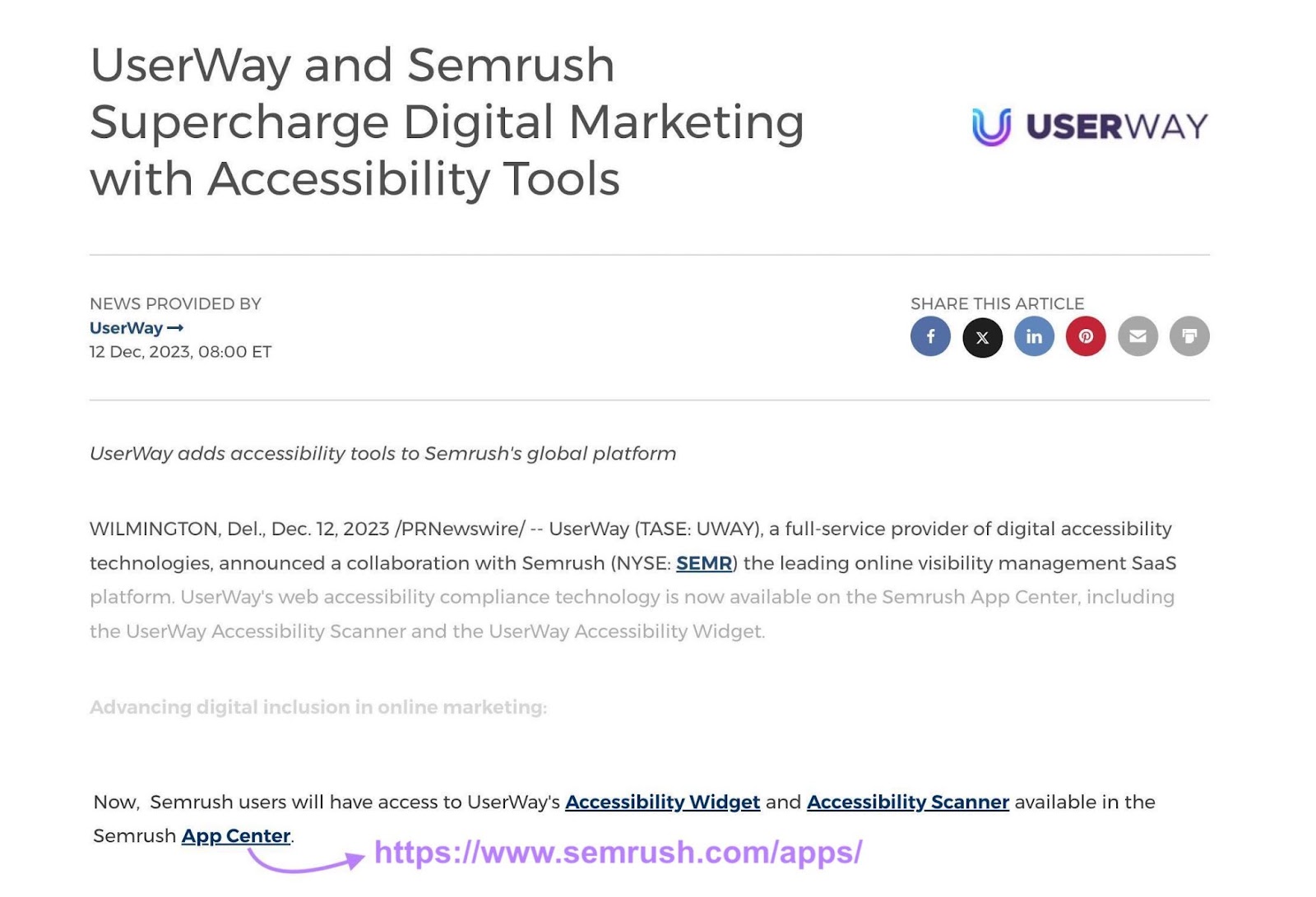UserWay's backlink to Semrush app center