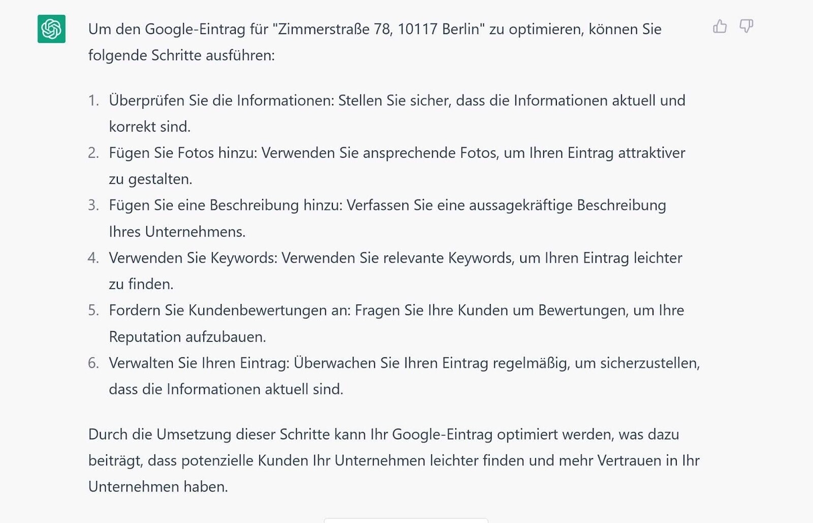 ChatGPT liefert Ansätze, um einen Google-Eintrag zu verbessern